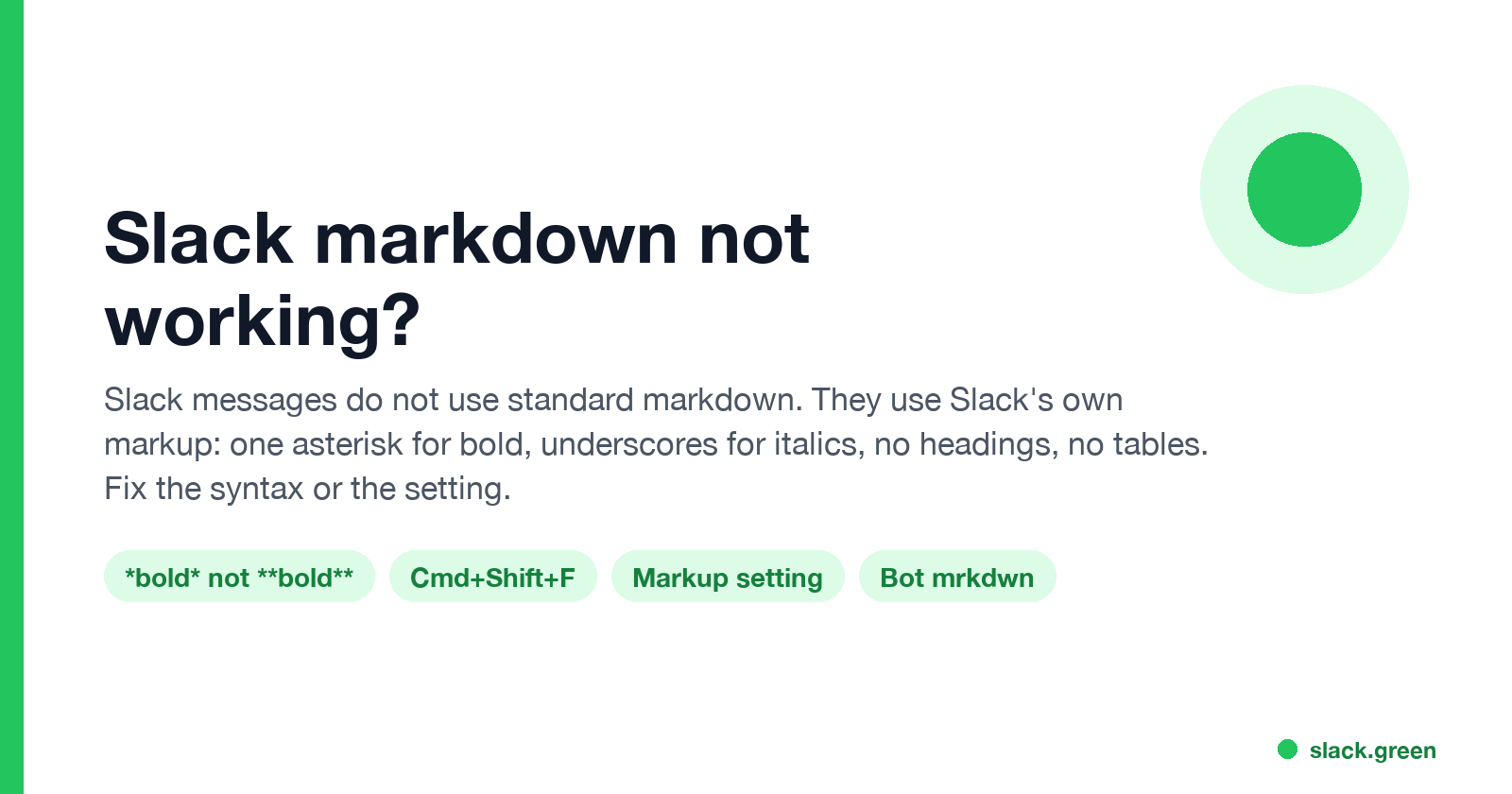 Slack markdown not working: Slack uses its own markup, one asterisk for bold, no headings or tables