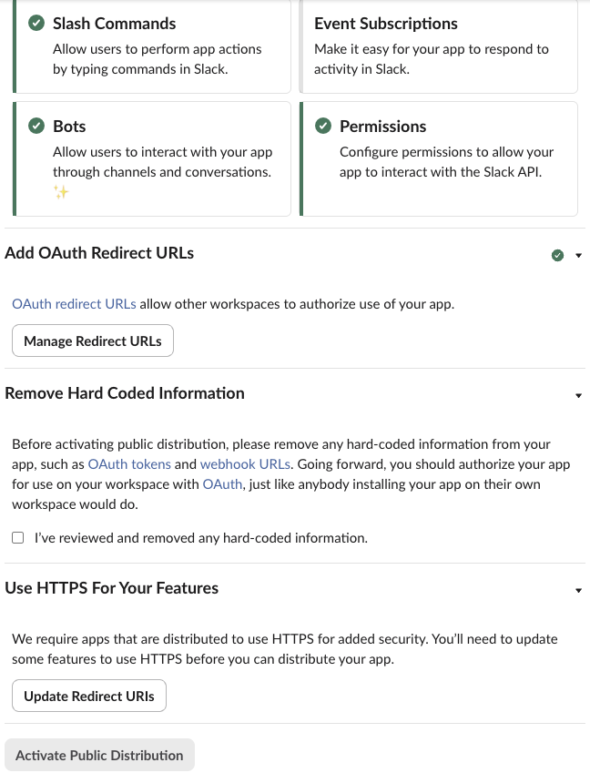 Slack app settings, Manage Distribution: Enable Features & Functionality and Add OAuth Redirect URLs have green checks; Remove Hard Coded Information shows an unticked box; Use HTTPS For Your Features shows 