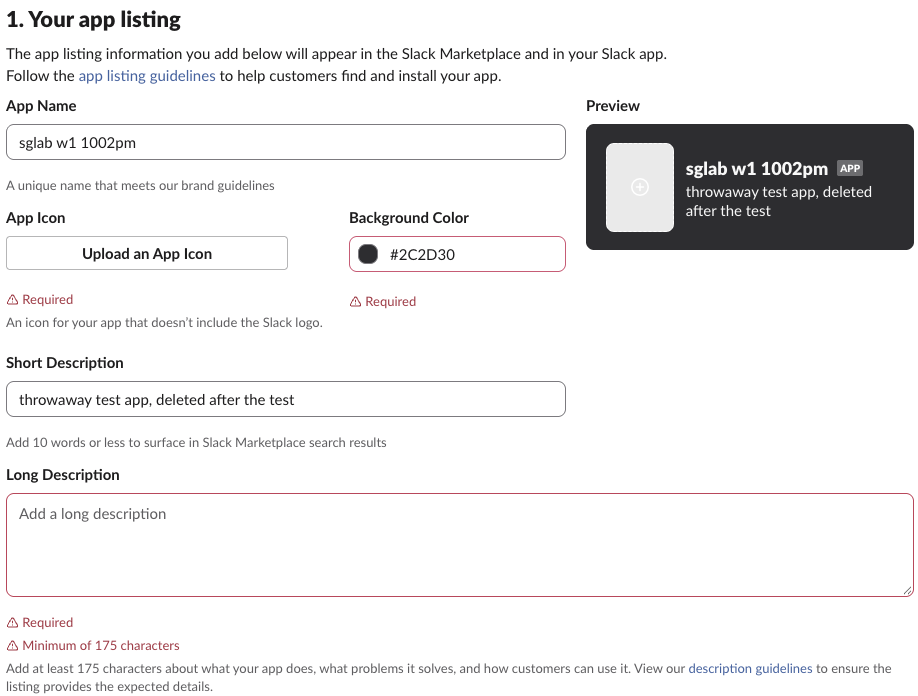 Slack app listing form with red 