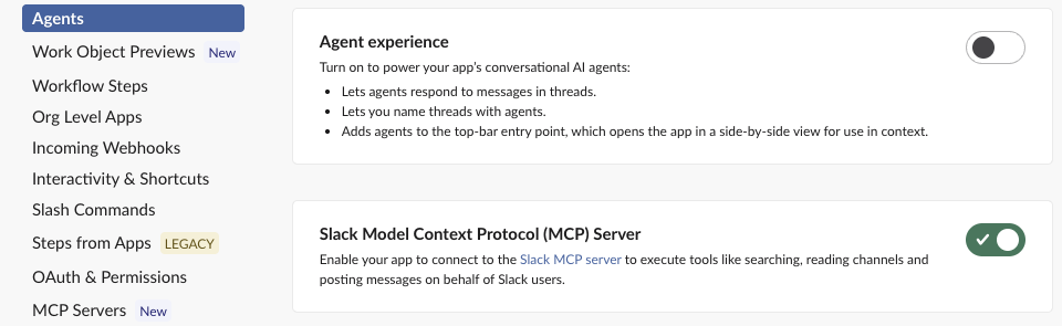 The Agents page of a Slack app, with the Slack Model Context Protocol (MCP) Server switch turned on