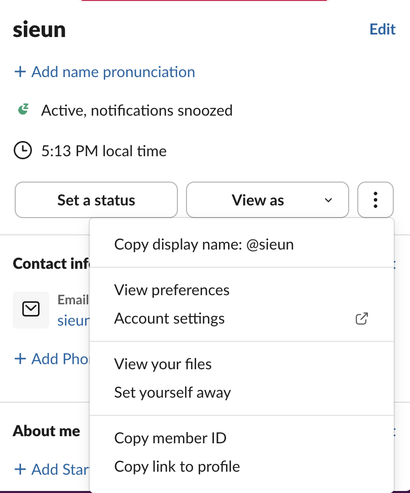 Slack profile panel with the three-dot menu open: Copy member ID sits under View your files and Set yourself away