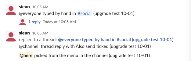 Three Slack messages: @everyone and @channel shown as plain text, and @here highlighted as a real mention