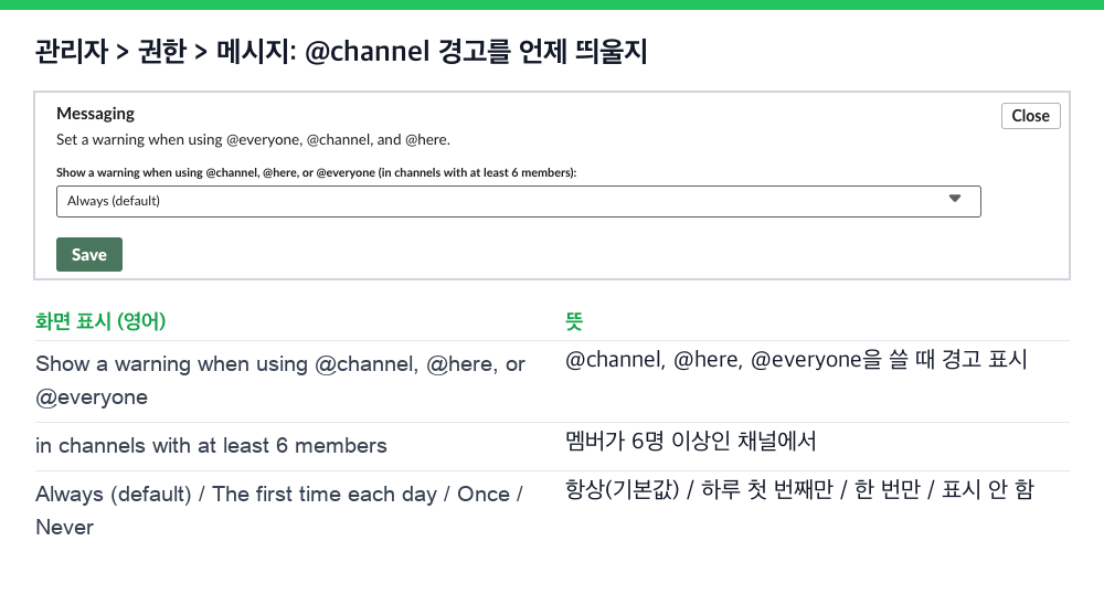 Slack 관리자 메시지 설정. 멤버가 6명 이상인 채널에서 @channel, @here, @everyone을 쓸 때 경고를 표시하는 설정