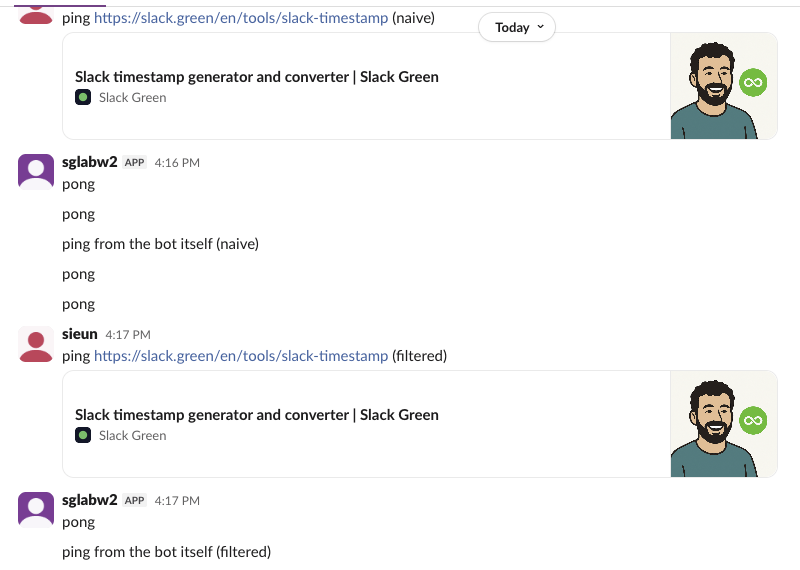Slack web: after the unfiltered run, the sglabw2 app posted a run of 