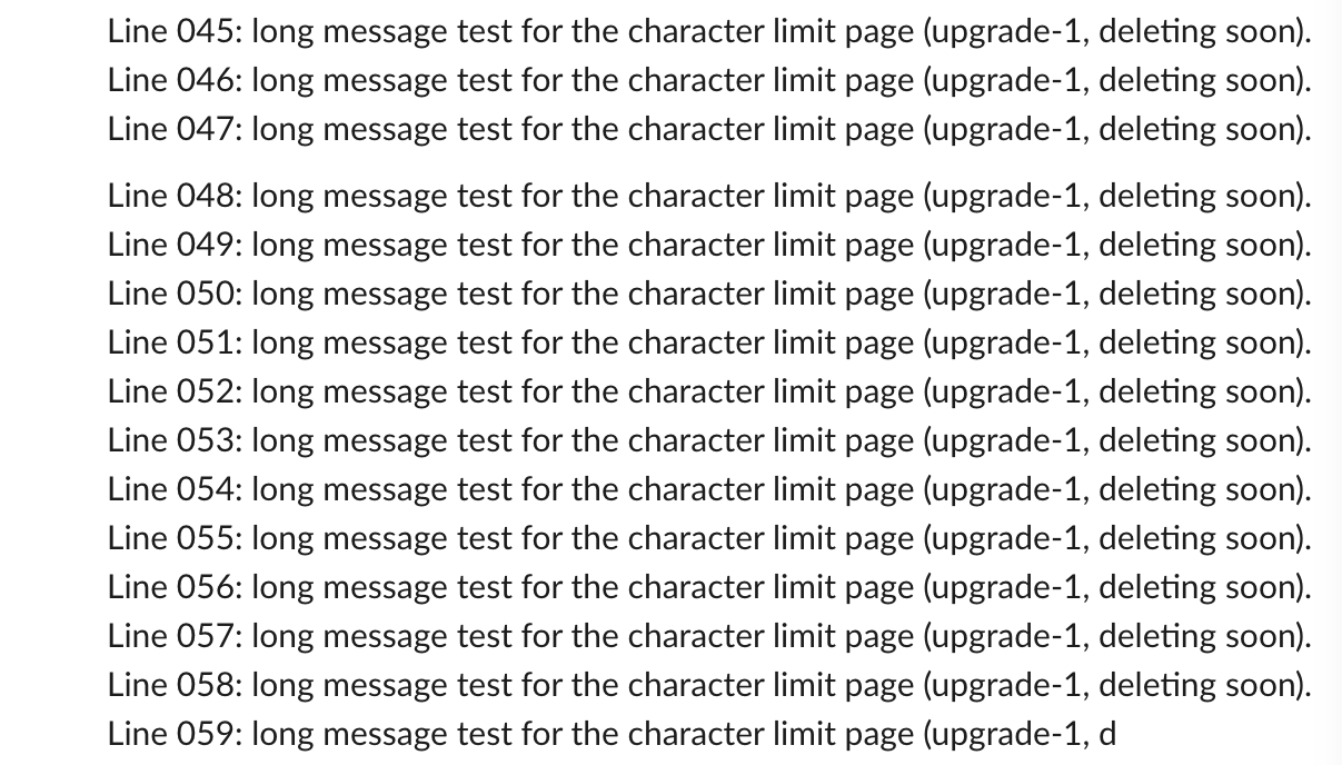 Slack web app showing a 5,000-character API message split into two: line 047 ends the first message and line 048 starts the second