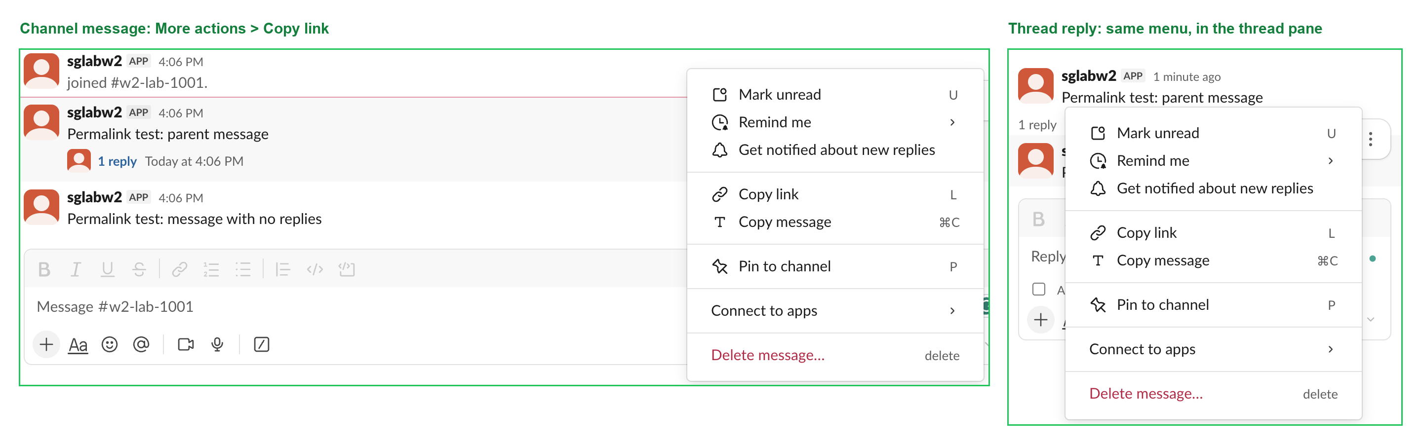 Slack web: the More actions menu with Copy link, on a channel message and on a reply in the thread pane
