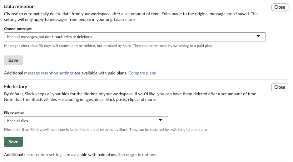 Slack's Data retention and File history settings on a Free workspace, with the default options selected