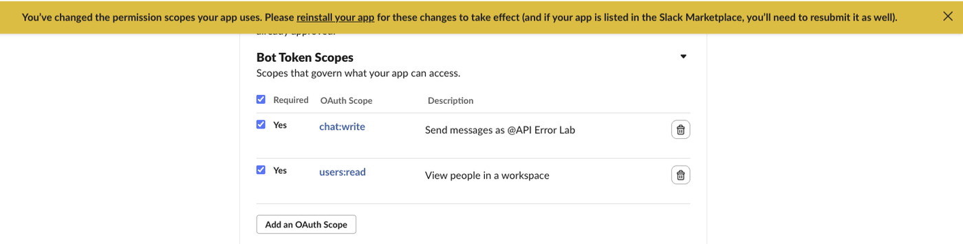 The yellow banner after adding users:read: reinstall your app for these changes to take effect