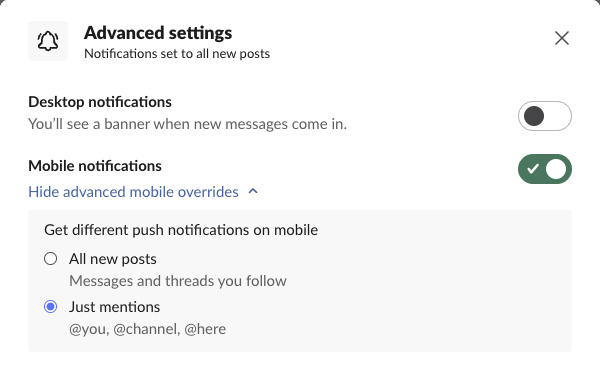 Slack channel Advanced settings with Get different push notifications on mobile set to Just mentions