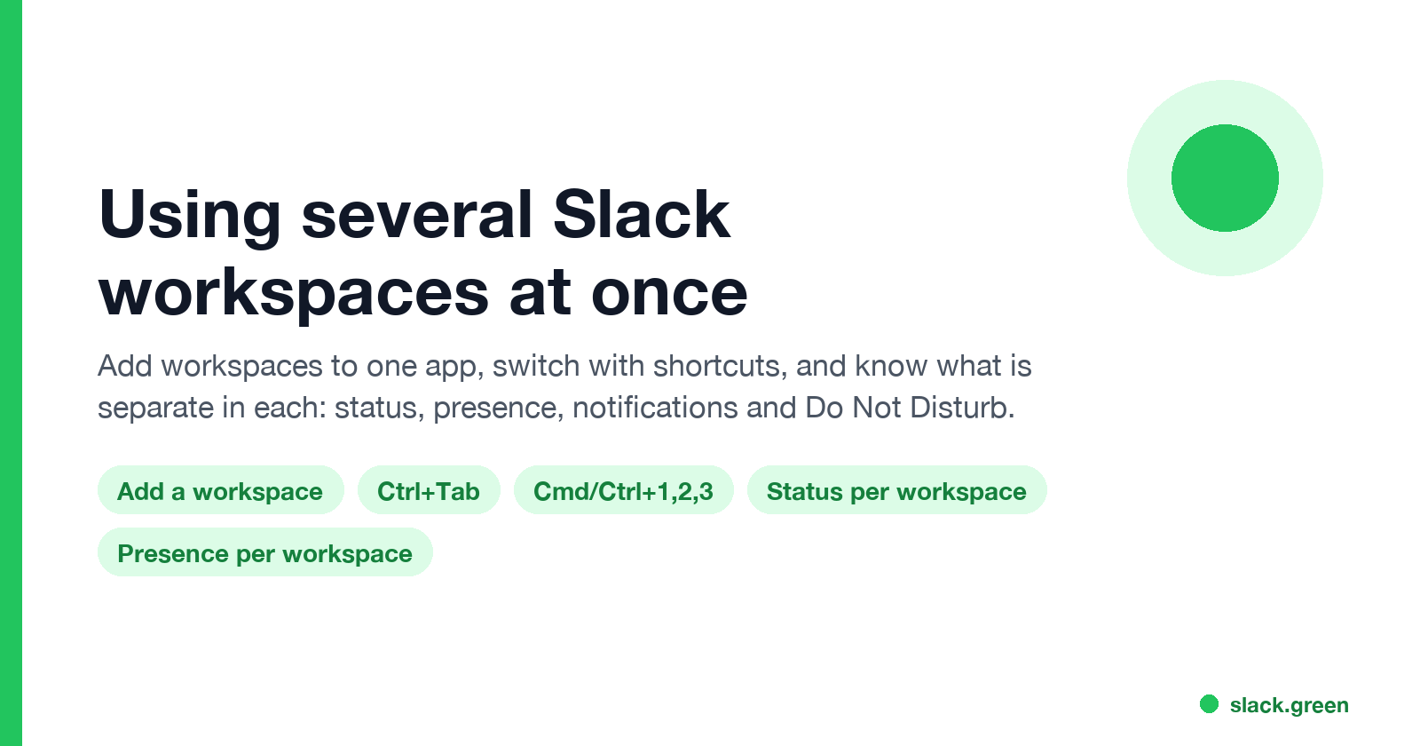 Using several Slack workspaces at once: add a workspace, Ctrl+Tab, Cmd/Ctrl+number, status and presence per workspace