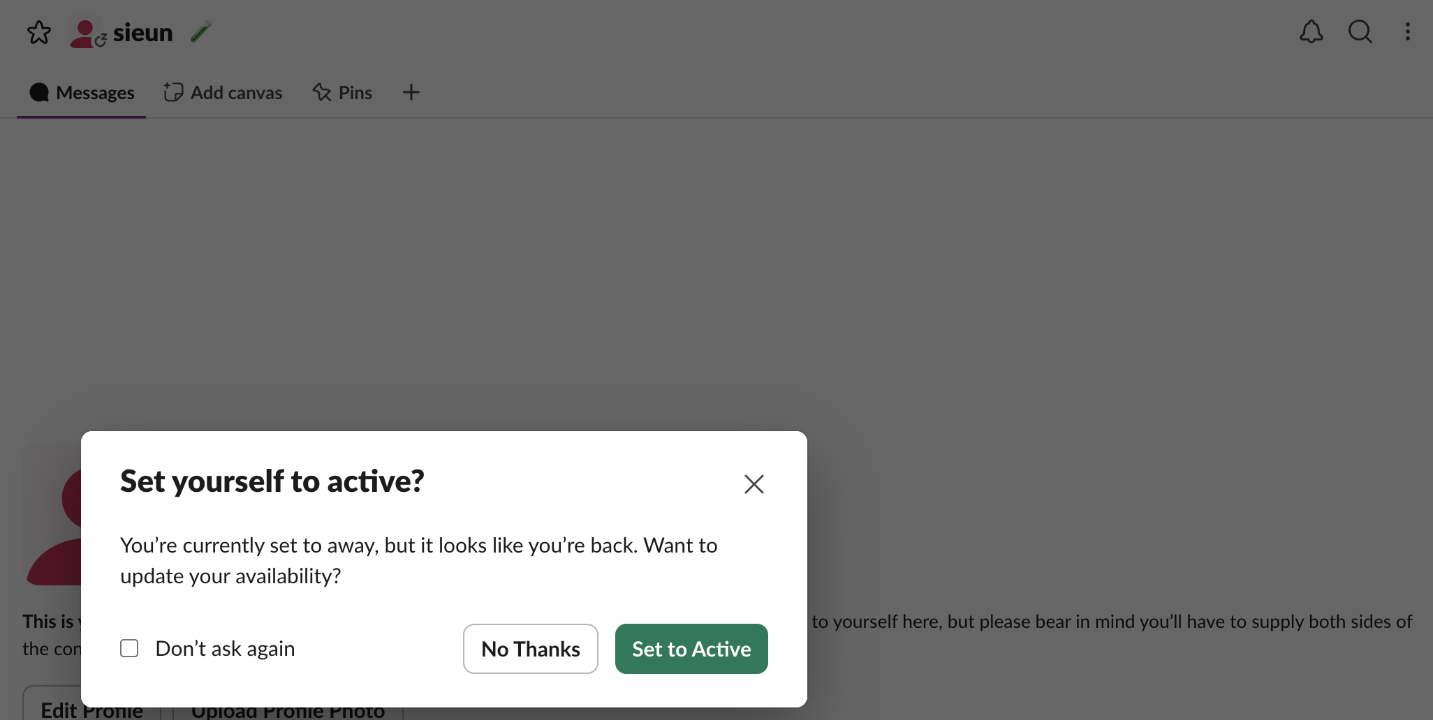 Slack web, 3 October 2026, the test workspace after we set ourselves away there: the profile shows the away mark and a dialog asks Set yourself to active? You're currently set to away, but it looks like you're back