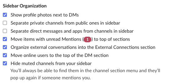 Slack Preferences, Home, Sidebar Organization: the Hide muted channels from your sidebar checkbox, with the note that muted channels pop up again if someone mentions you
