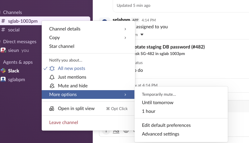 Slack channel menu: Notify you about... All new posts, Just mentions, Mute and hide, and More options opened to Temporarily mute... Until tomorrow, 1 hour
