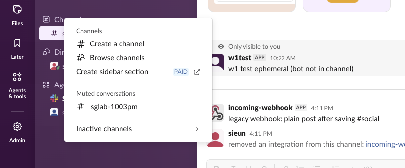 Channels section menu: Create a channel, Browse channels, Create sidebar section (PAID), Muted conversations with sglab-1003pm, and Inactive channels