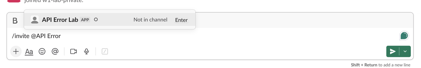 Typing /invite @API Error in a private channel: the picker shows the app as Not in channel