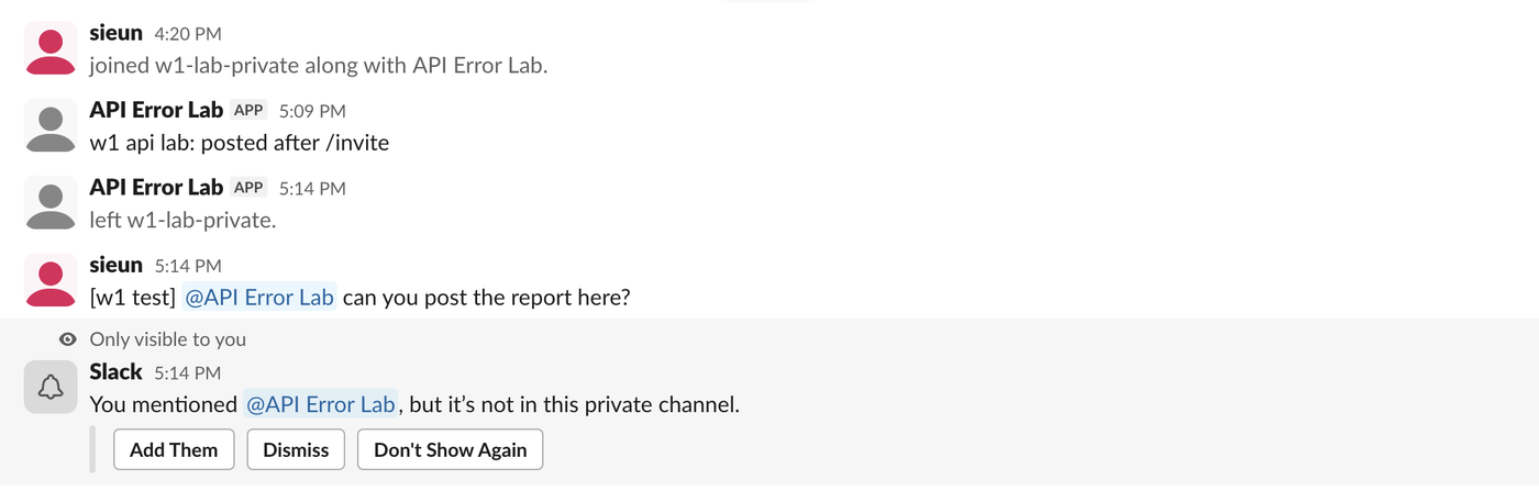 Slack's only-visible-to-you prompt: You mentioned @API Error Lab, but it's not in this private channel, with Add Them