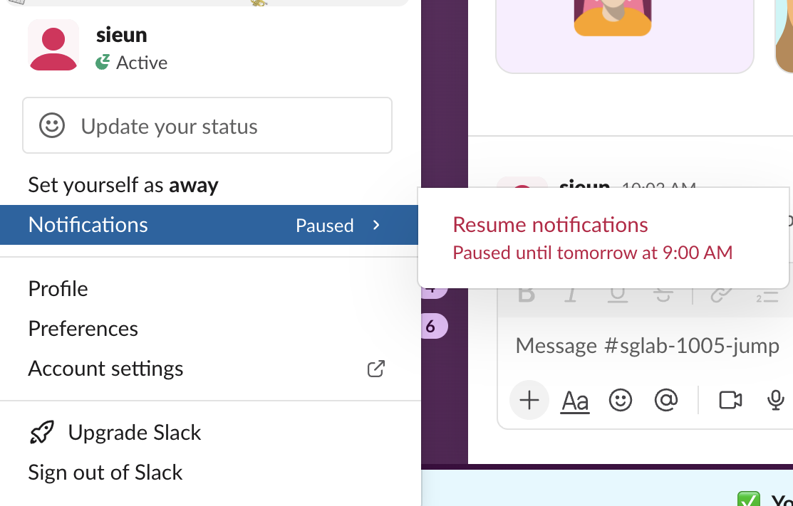 Slack profile menu during a scheduled pause: status Active with a small z, Notifications Paused, and the submenu Resume notifications, Paused until tomorrow at 9:00 AM