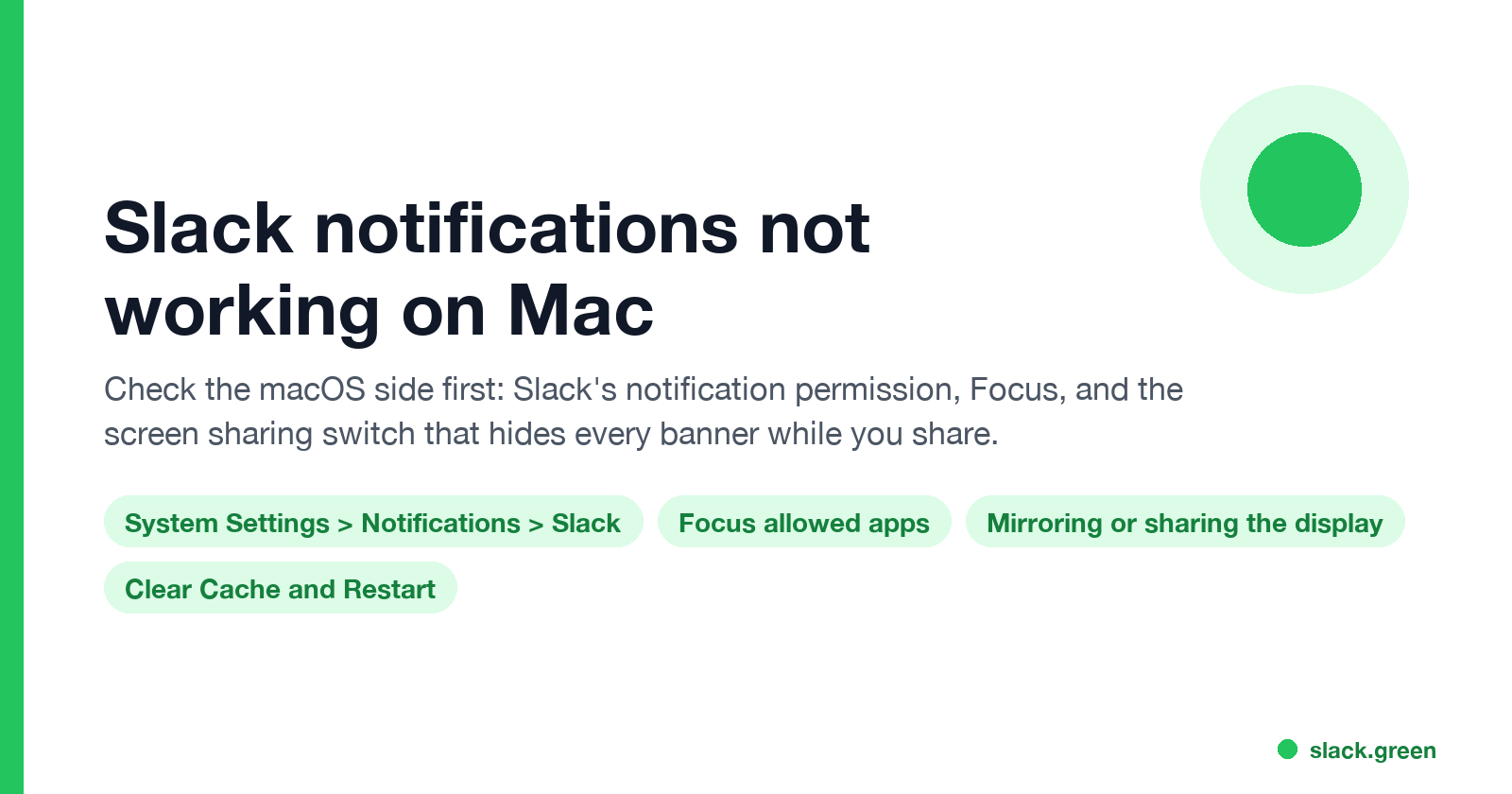 Slack notifications not working on Mac: check notification permission, Focus, screen sharing, then Slack