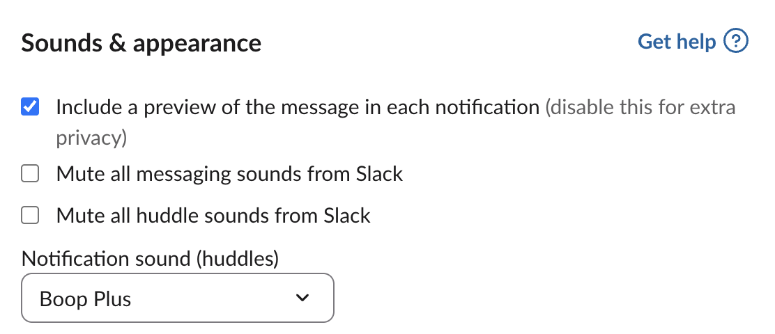 Slack Preferences, Sounds and appearance: Include a preview of the message, Mute all messaging sounds from Slack, Mute all huddle sounds from Slack