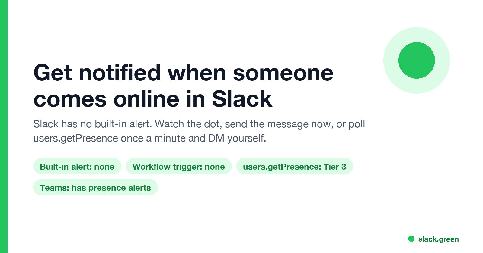 Slack notify when someone comes online: no built-in alert; watch the dot, send the message now, or poll users.getPresence and DM yourself