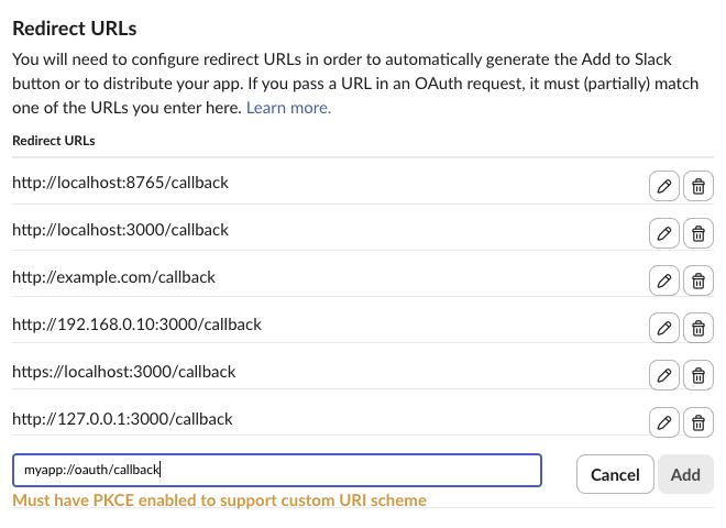 Slack app settings, Redirect URLs: a custom-scheme URL refused with 