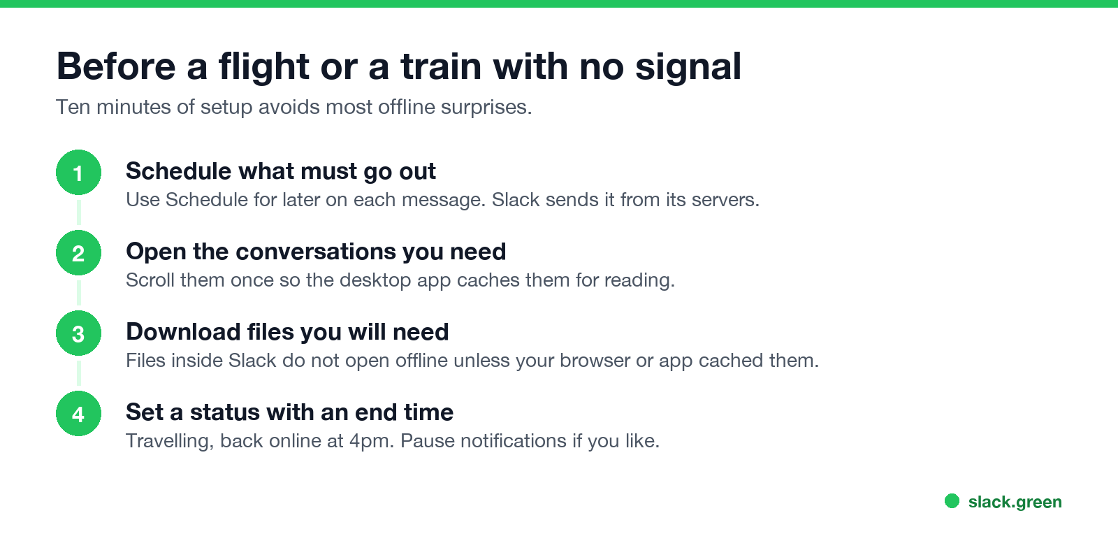 Before a flight: schedule messages, open conversations, download files, set a status