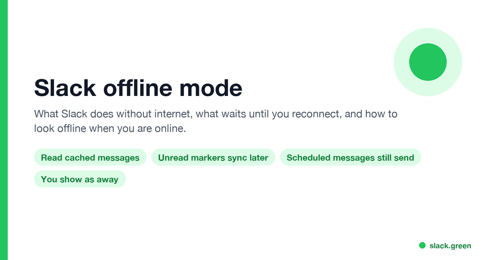 Slack offline mode: read cached messages, unread markers sync later, scheduled messages still send, you show as away