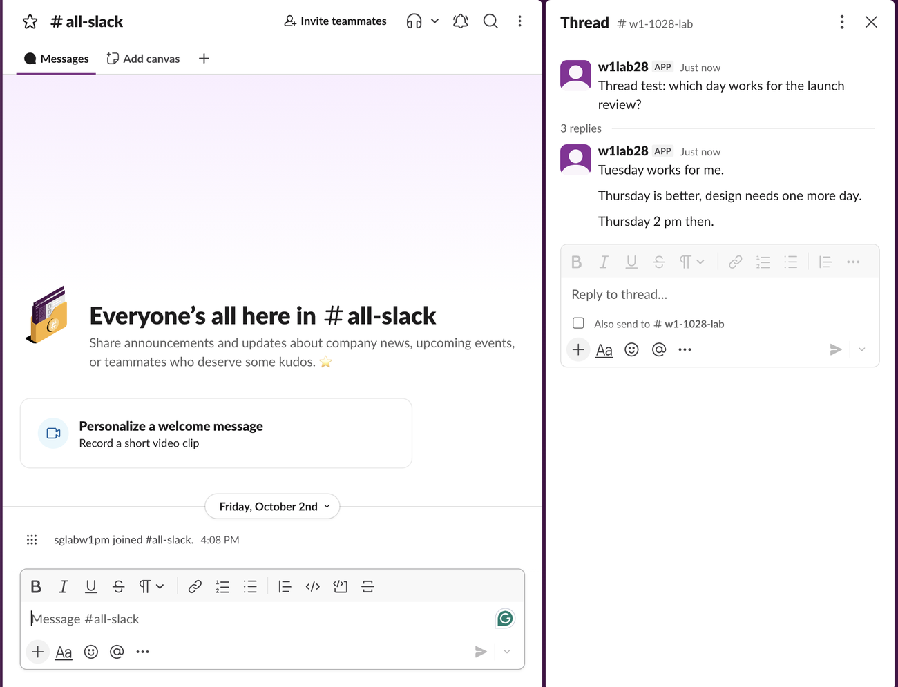 Slack in a browser with the main view on the all-slack channel and a split pane on the right still showing the thread from w1-1028-lab, with its three replies and the Reply to thread box
