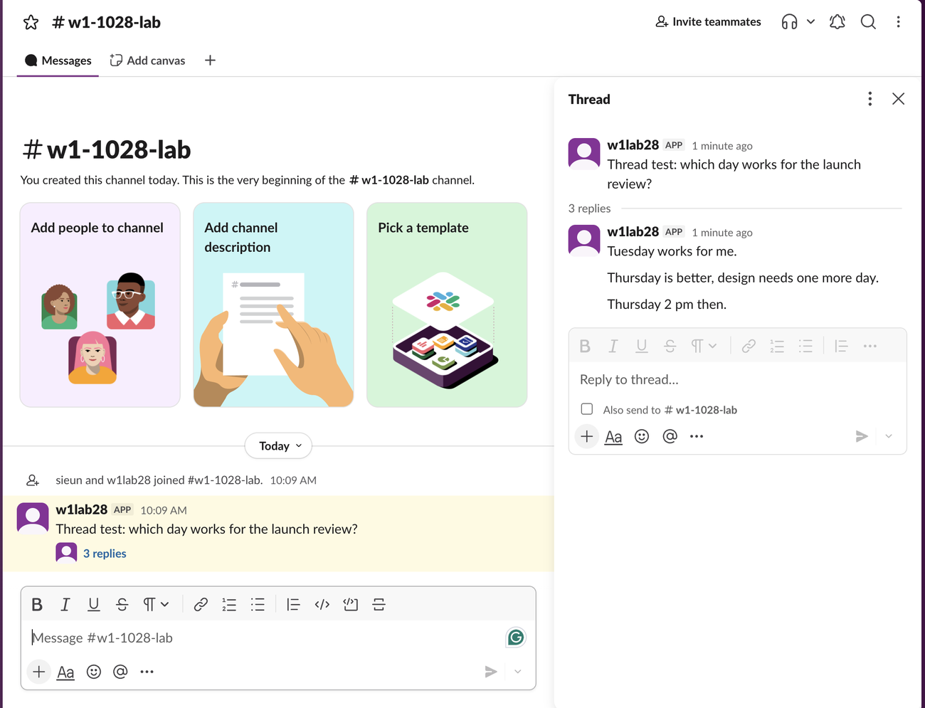 Slack in a browser after opening a thread link: the channel fills the main view and the thread with its three replies sits in the right-hand side panel