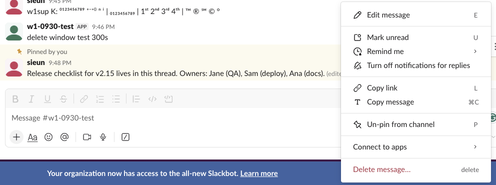 The More actions menu on a pinned message, with Edit message, Remind me, Copy link and Un-pin from channel (shortcut P)