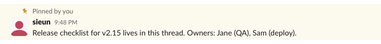 A pinned message in the channel: yellow background and the label Pinned by you above the sender's name