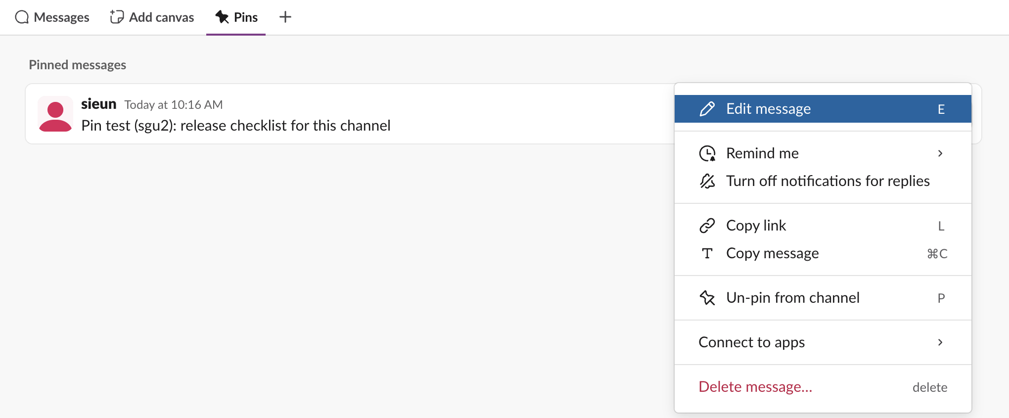 Slack Pins tab with the More actions menu open on a pinned message, showing Un-pin from channel with shortcut P