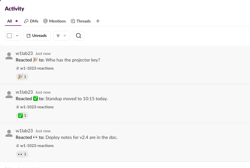 Slack Activity, All tab, with three entries from the bot w1lab23: Reacted with a party popper to Who has the projector key, Reacted with a check mark to Standup moved to 10:15 today, and Reacted with eyes to Deploy notes for v2.4 are in the doc, each in channel w1-1023-reactions