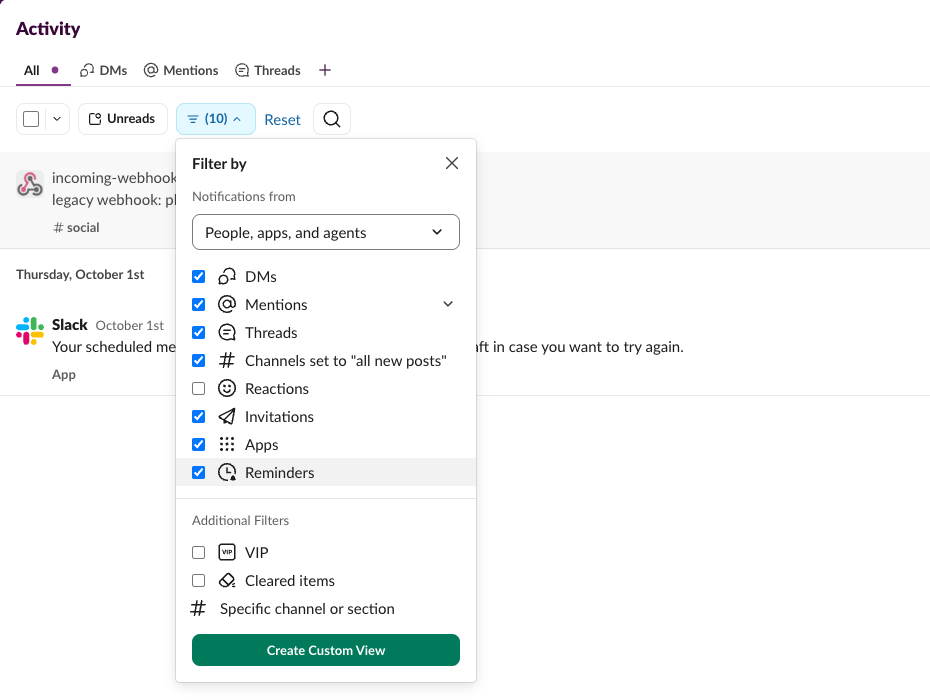 Slack Activity with the Filter by panel open. DMs, Mentions, Threads, Channels set to all new posts, Invitations, Apps and Reminders are ticked and Reactions is not. The list behind it shows no reactions, and the filter button reads 10 with a Reset link