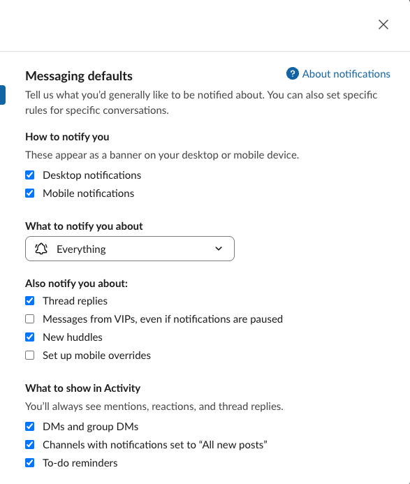 Slack Preferences, Notifications. Under What to show in Activity the text reads You will always see mentions, reactions, and thread replies, followed by three checkboxes: DMs and group DMs, Channels with notifications set to All new posts, and To-do reminders