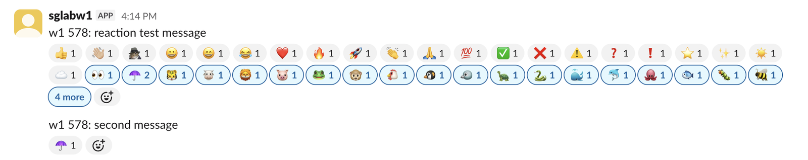 A Slack message from the sglabw1 app with two rows of single reactions and a 