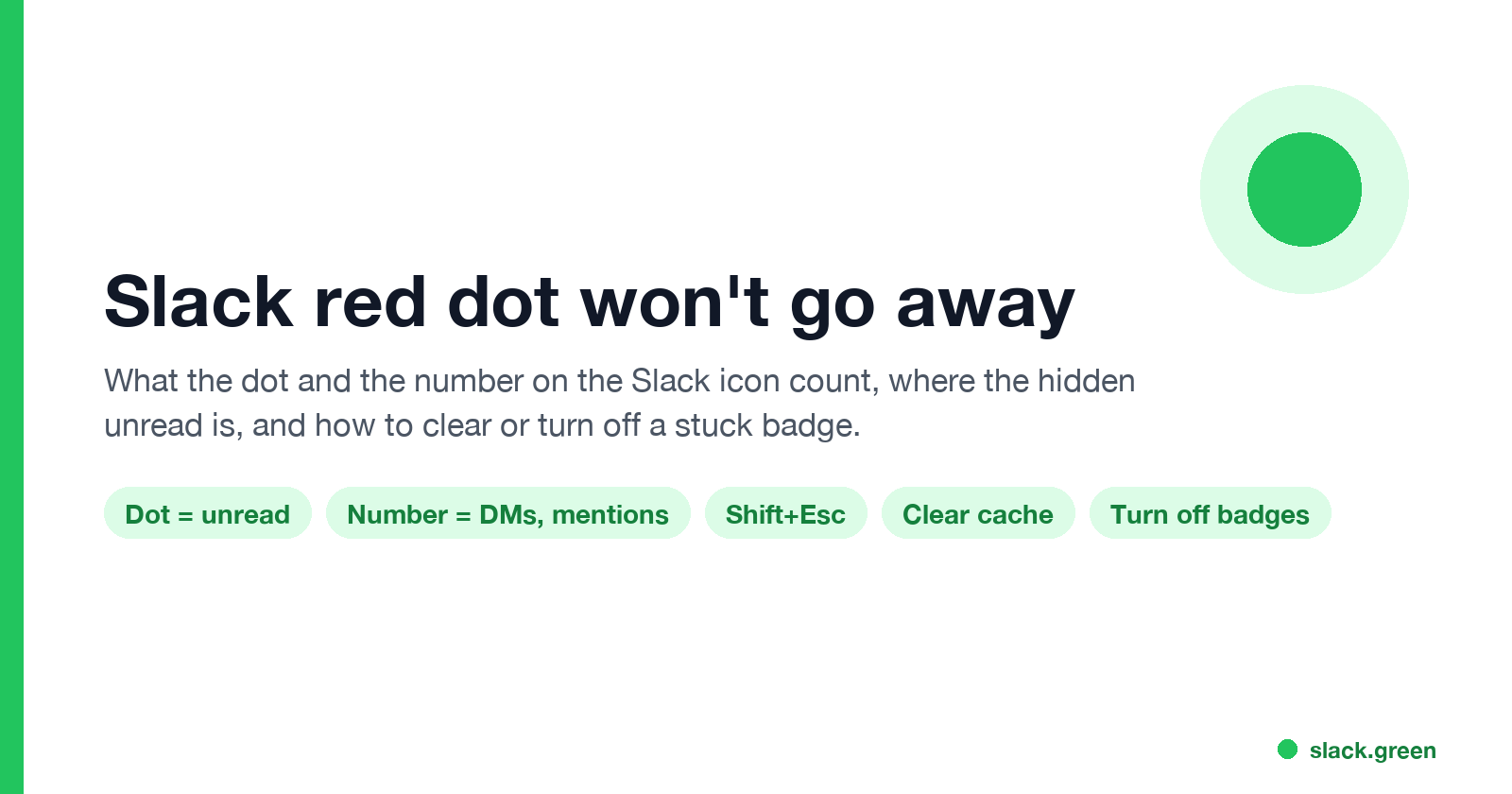 Slack red dot won't go away: dot means unread, number means DMs and mentions, Shift+Esc, clear cache, turn off badges