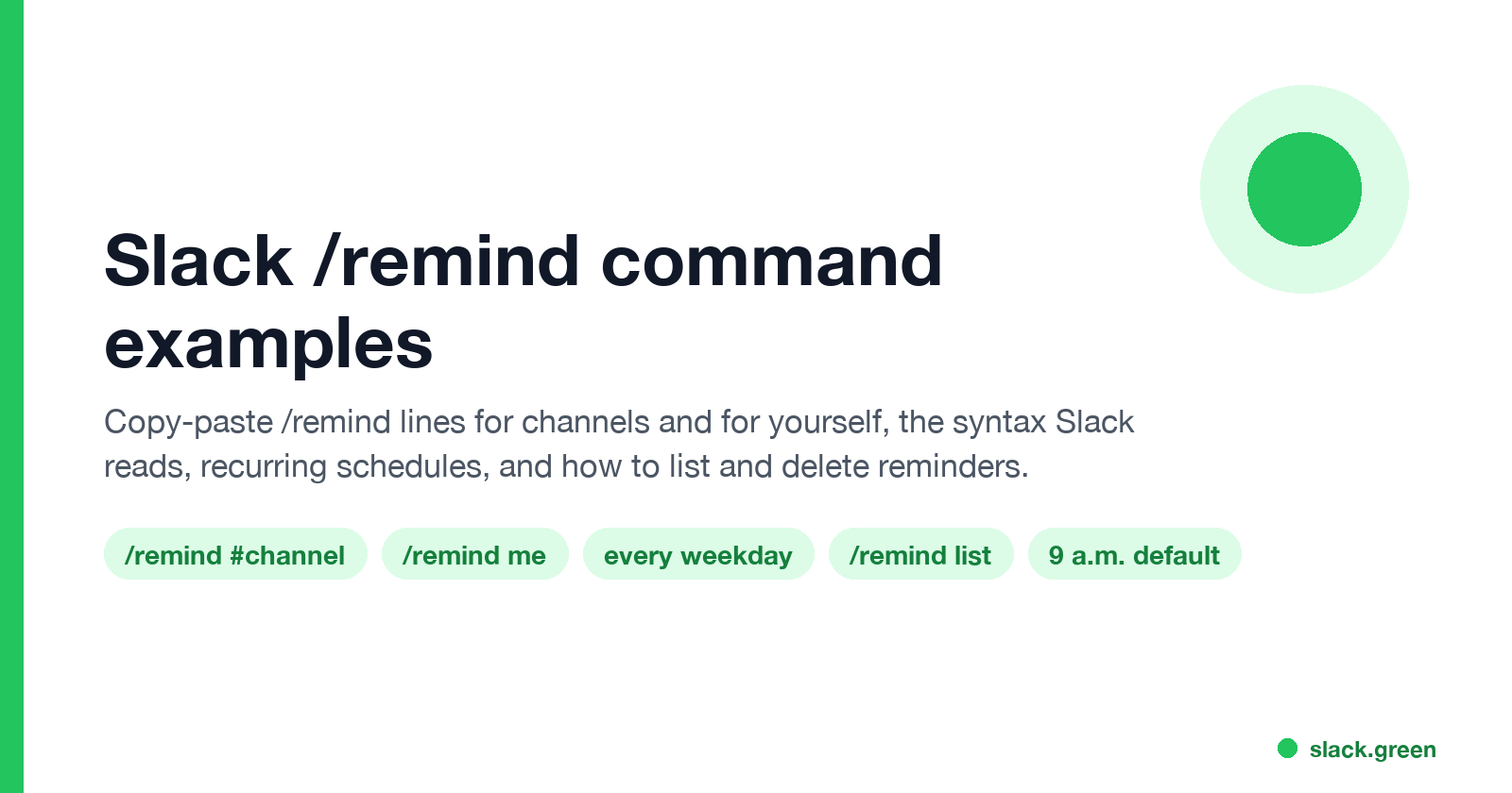 Slack /remind command examples: channels, yourself, every weekday, /remind list, 9 a.m. default