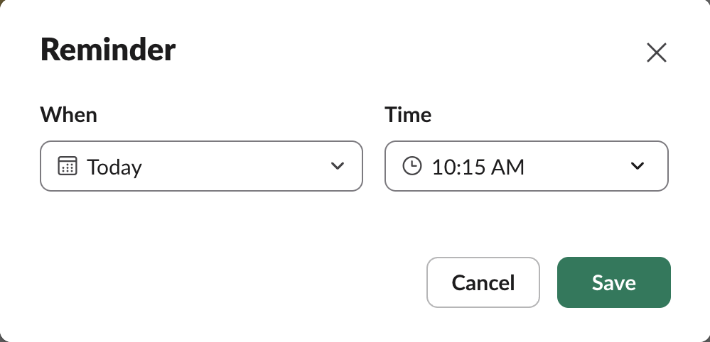 Slack's Reminder window for a message: When set to Today and Time set to 10:12 AM, with Cancel and Save