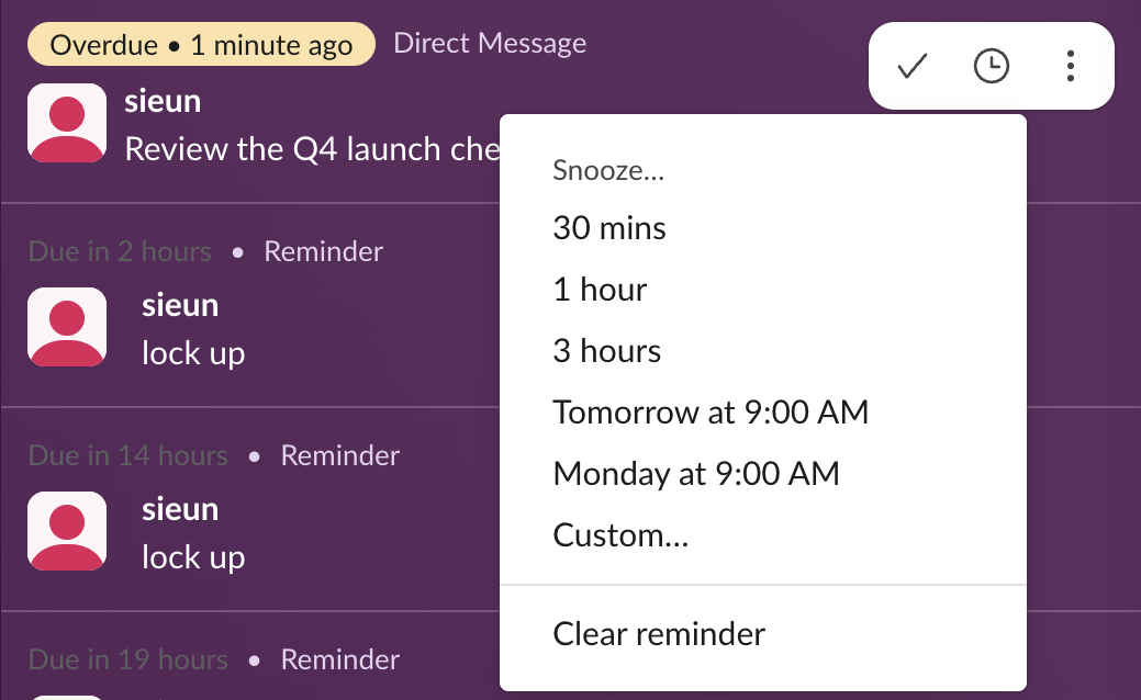 Slack Later item marked Overdue with the Snooze menu open: 30 mins, 1 hour, 3 hours, Tomorrow at 9:00 AM, Monday at 9:00 AM, Custom, Clear reminder