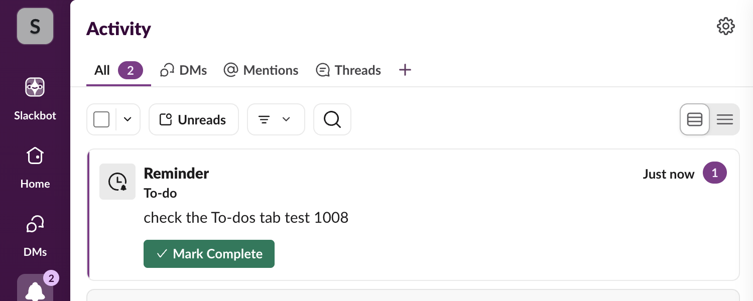 A fired Slack reminder in the Activity tab on 8 October 2026: a Reminder card labelled To-do, with the text and a Mark Complete button