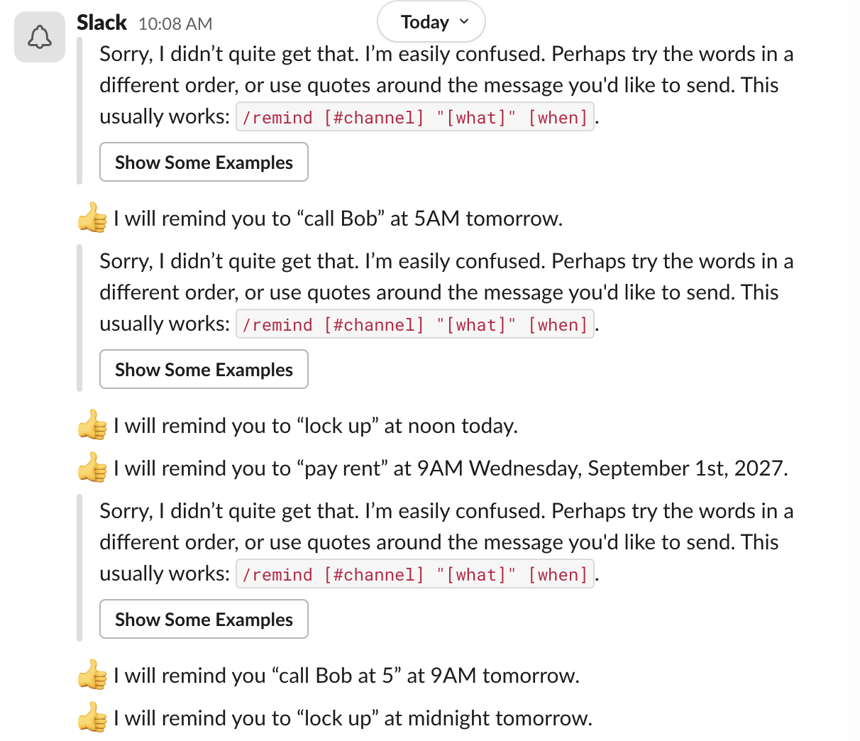 Slackbot replies to our /remind tests: three 