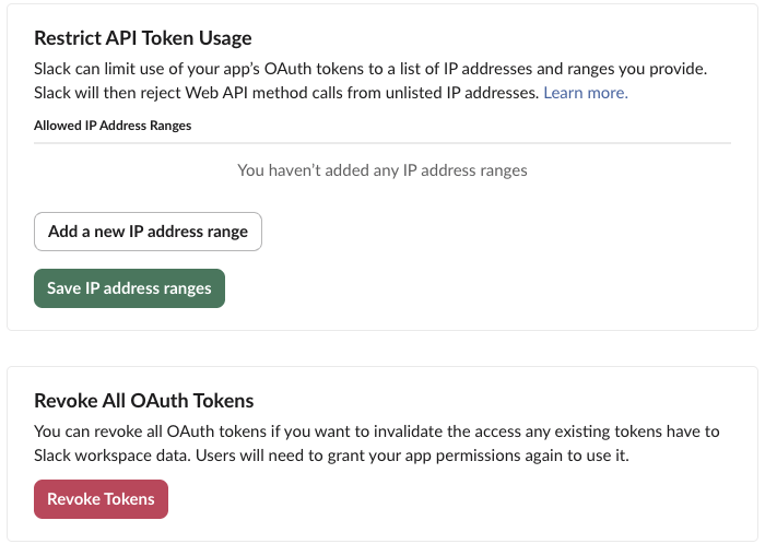 Slack app settings: the 