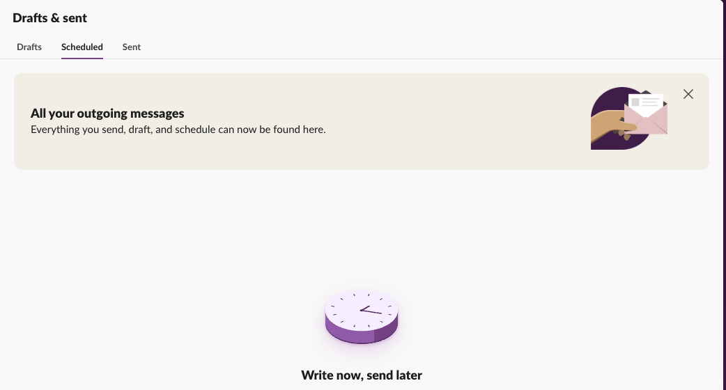 Slack's Drafts & sent > Scheduled tab, empty, while our bot had a message scheduled for 30 minutes later: bot-scheduled messages do not show here