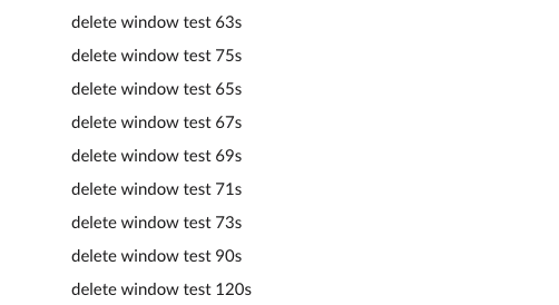 Messages in the test channel that were deleted with an ok response 63 to 120 seconds before their send time and posted anyway
