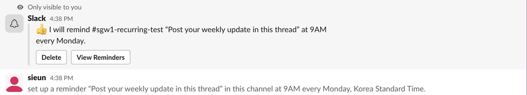 Slackbot's confirmation of a weekly channel reminder, and the notice Slack posts in the channel