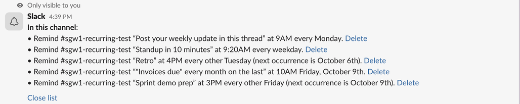 The /remind list for our test channel, including the misread last-Friday reminder