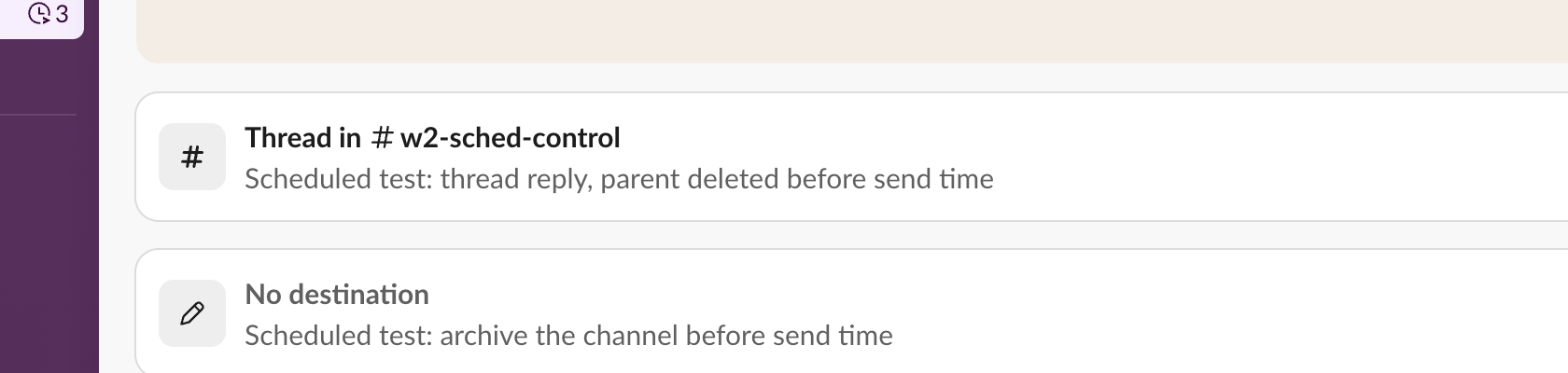 Scheduled tab after 4:40 PM: the thread reply and the two No destination items remain, all with the passed send time
