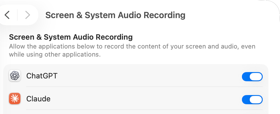 macOS 26.5.2 System Settings opened by the Privacy_ScreenCapture link: the Screen & System Audio Recording list, where each app has its own switch