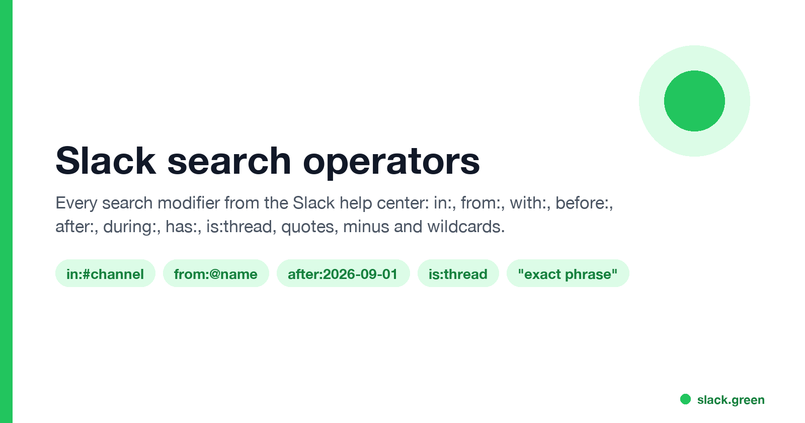 Slack search operators: in:#channel, from:@name, after:date, is:thread, exact phrase